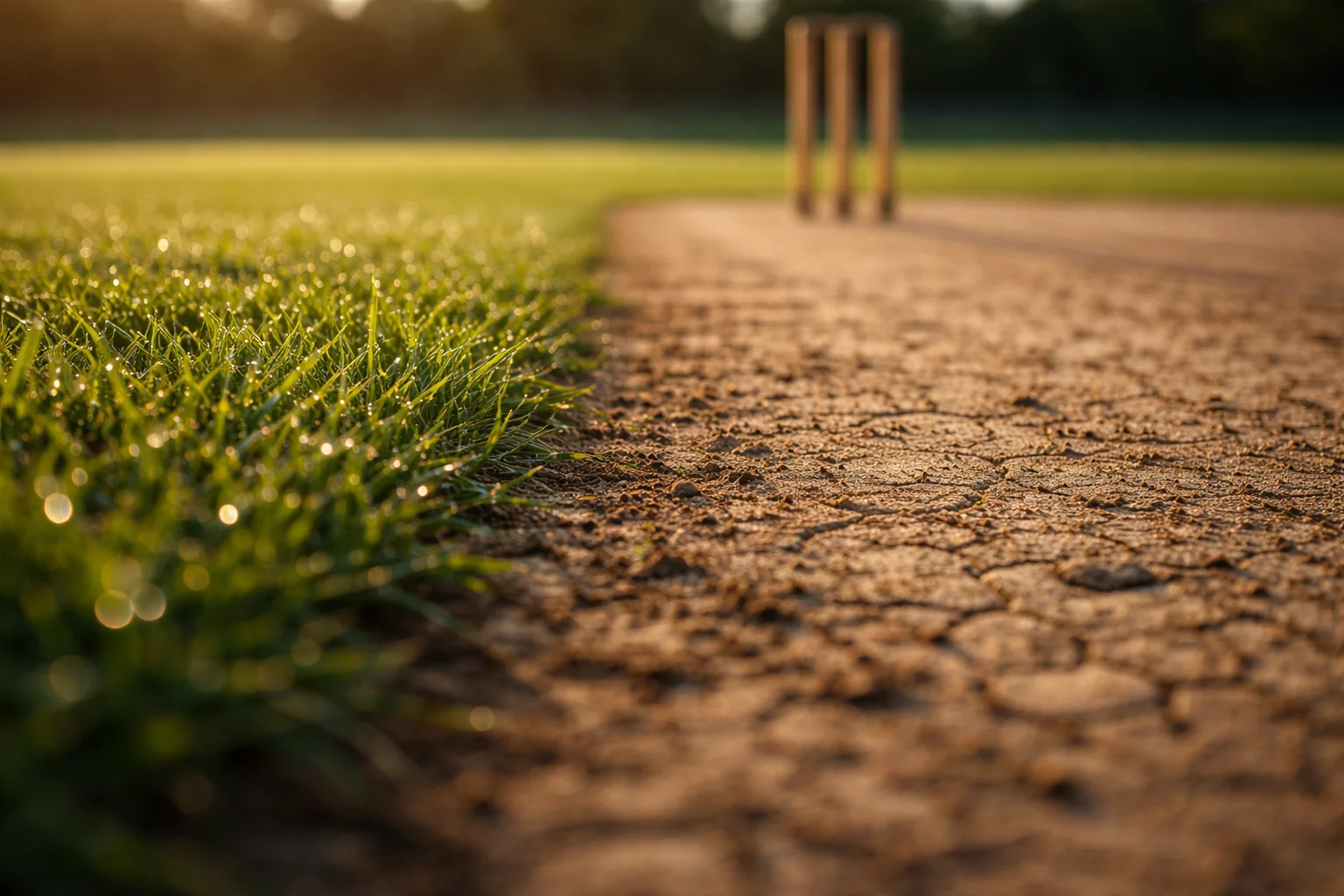 Vista ravvicinata del pitch di cricket con erba verde e crepe sul terreno