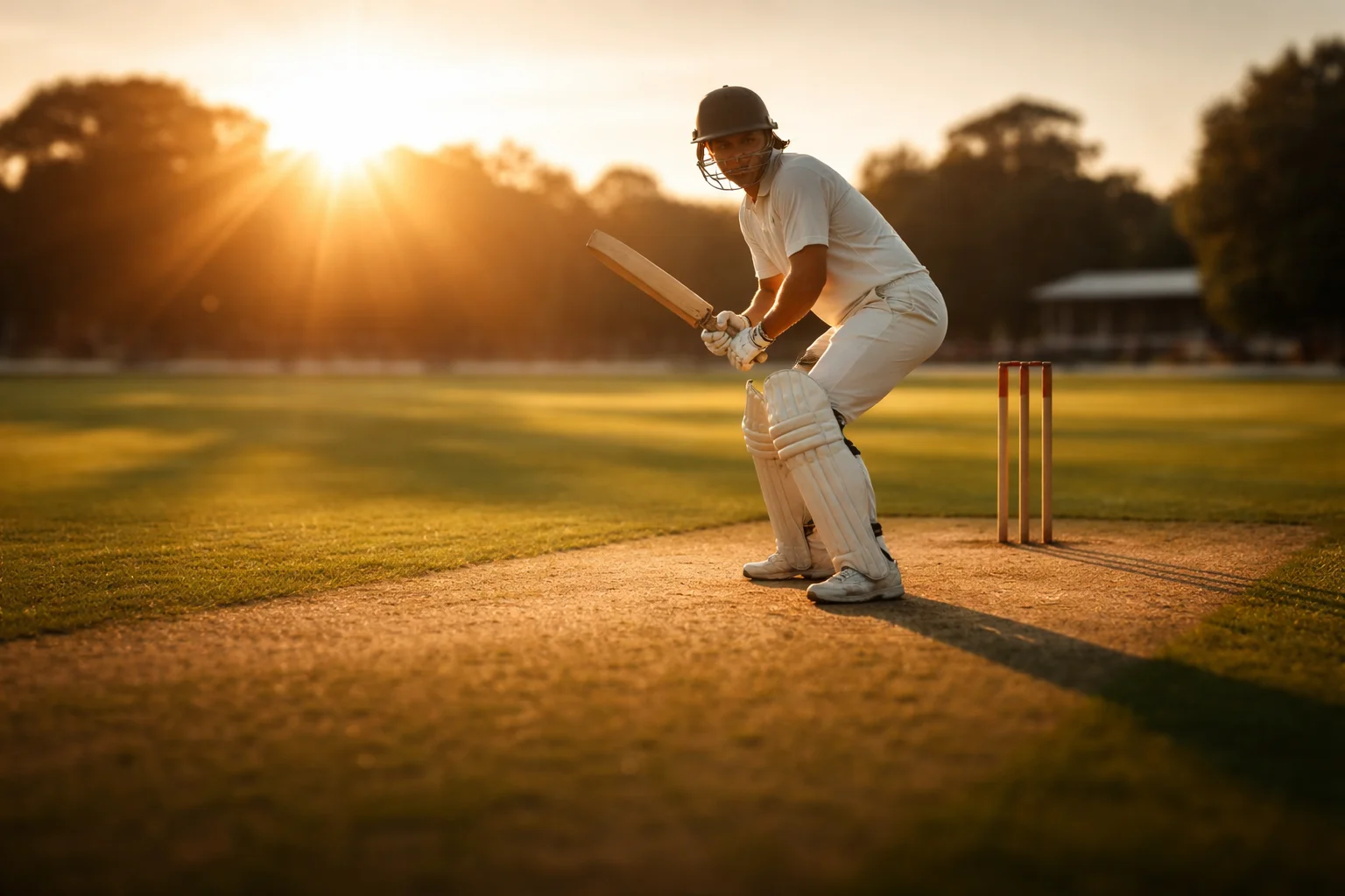 Battitore di cricket in posizione sul campo con luce naturale al tramonto