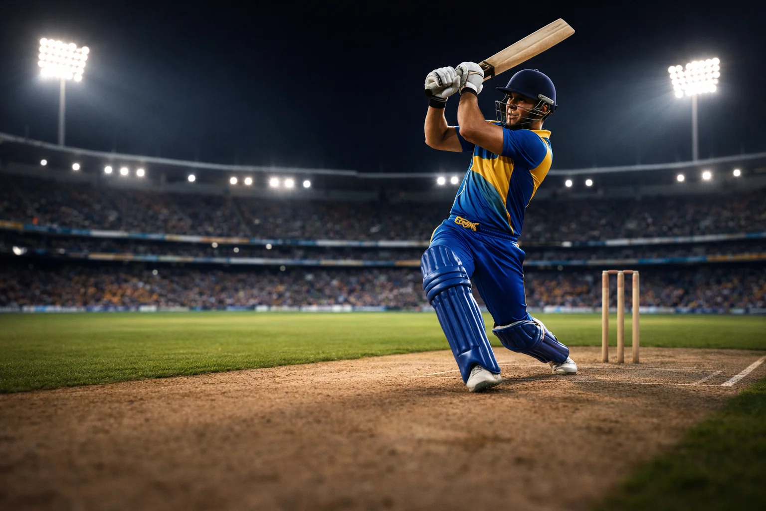 Battitore di cricket in posizione di tiro con la mazza alzata in uno stadio illuminato di sera