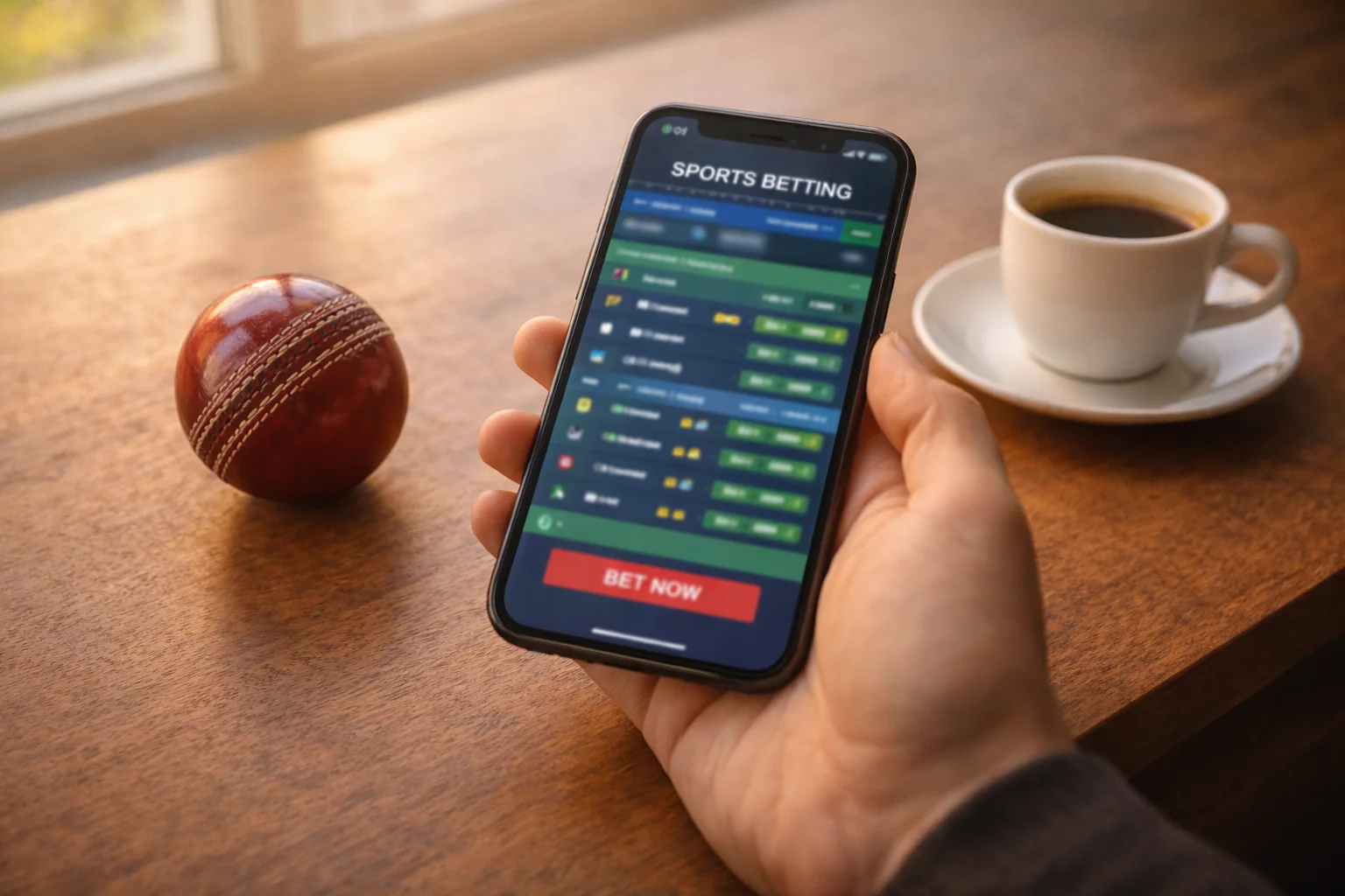 Smartphone con schermata di scommesse sportive appoggiato accanto a una palla da cricket rossa su un tavolo di legno