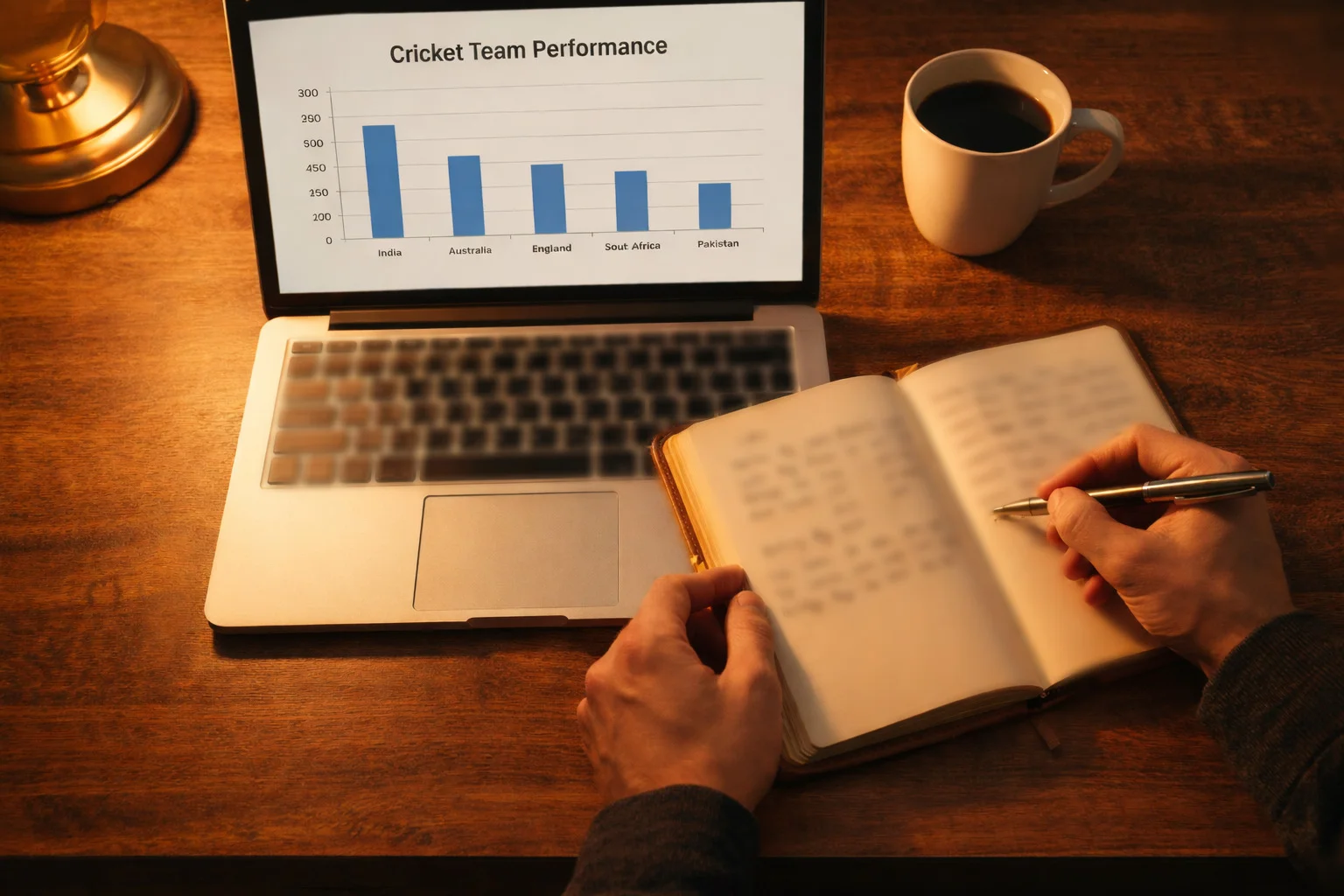 Persona che analizza statistiche di cricket su un notebook con appunti e grafici