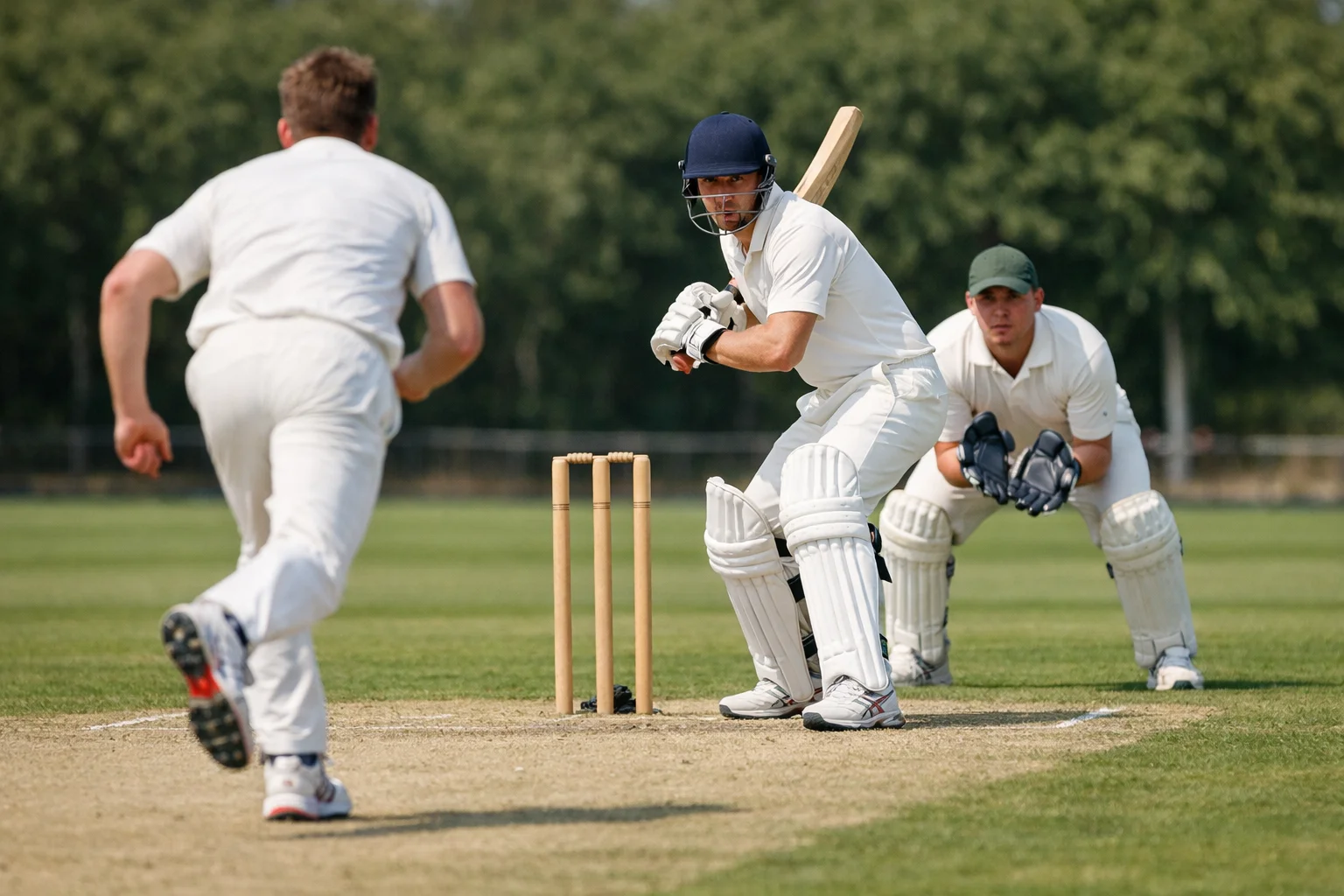 Giocatori di cricket sul pitch con wicket e lanciatore in azione