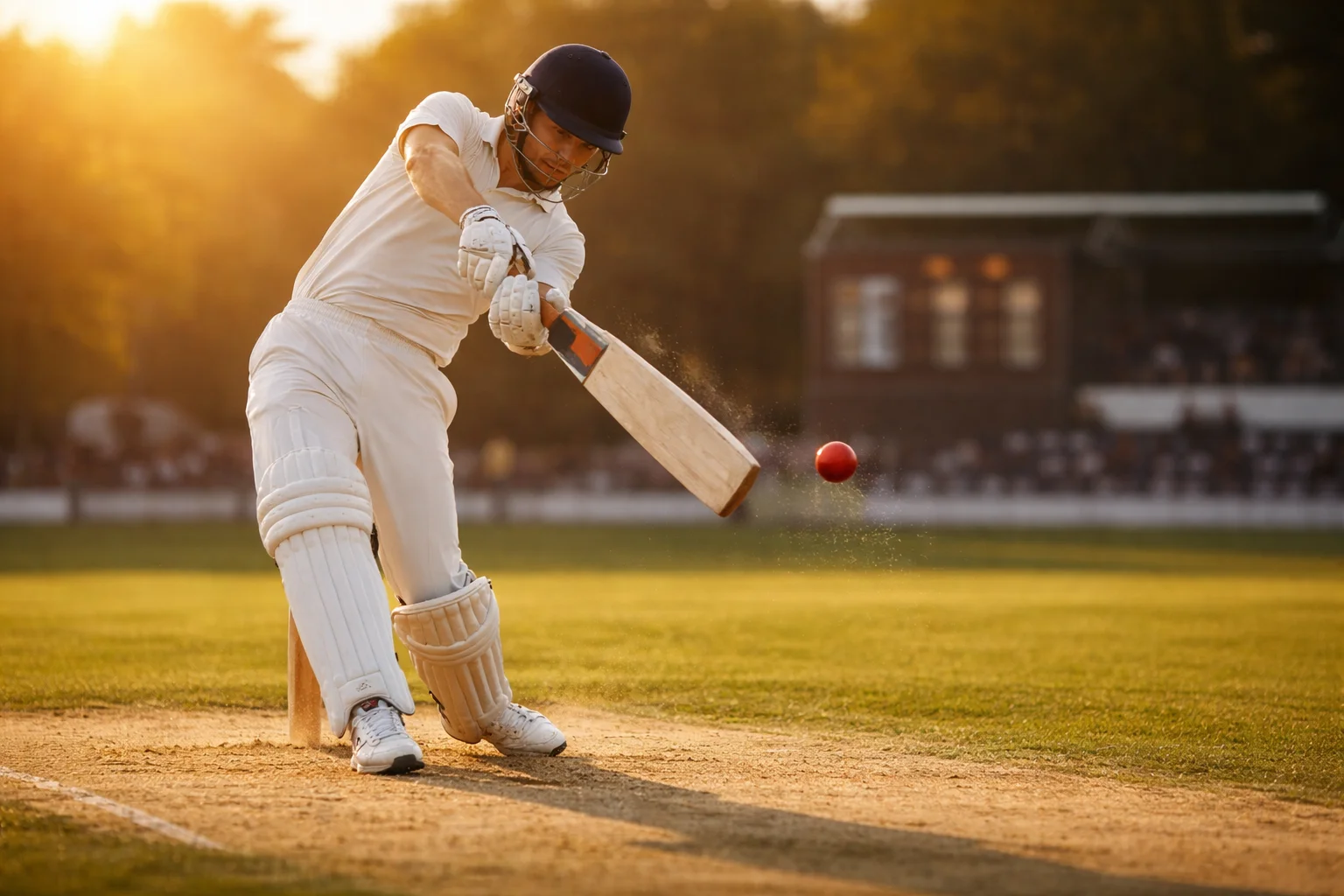 Giocatore di cricket che colpisce la palla su un campo erboso sotto la luce dorata del tramonto