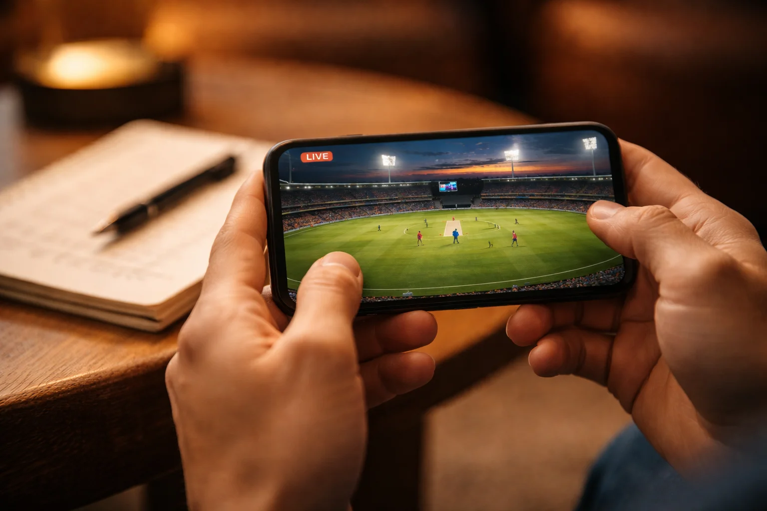 Persona che segue una partita di cricket in diretta sullo smartphone durante il match