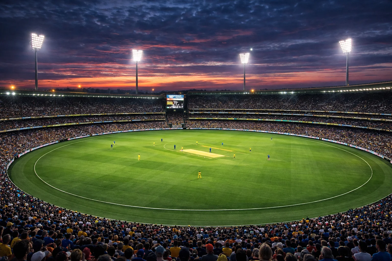 Stadio di cricket illuminato durante una partita T20 serale con spettatori