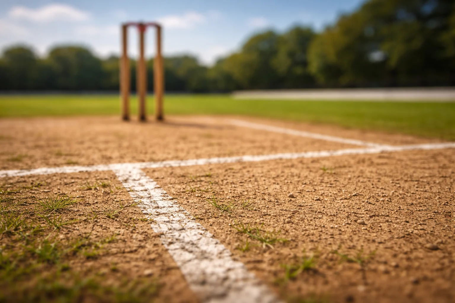Primo piano di un pitch di cricket con erba verde tagliata e linee bianche sotto un cielo azzurro