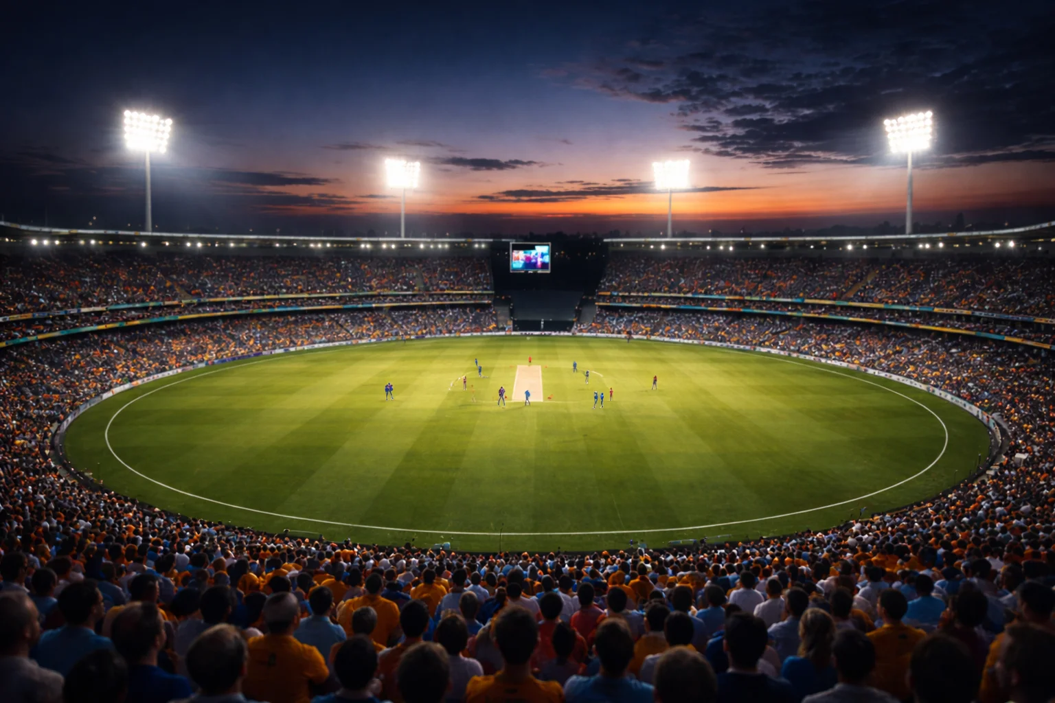 Stadio di cricket gremito di spettatori durante una partita serale con i riflettori accesi